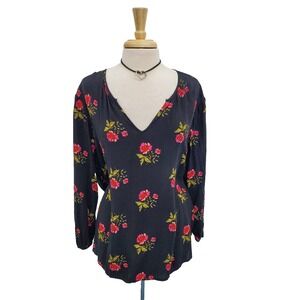 Old Navy Womens 2XL Navy Blue Floral Blouse V Neck Long Sleeve Lightweight Top